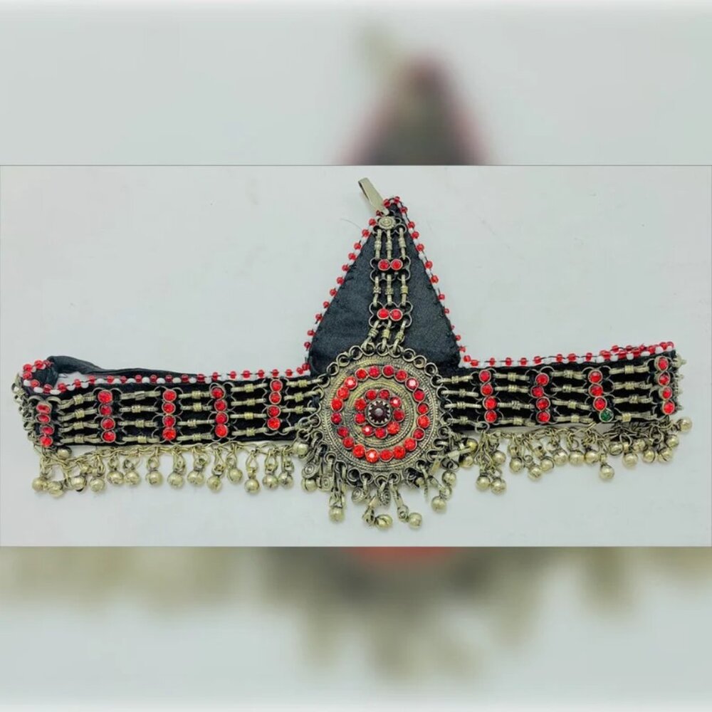 Tribal Red Matha Patti: Afghan Boho Headpiece, Festival Jewelry